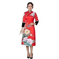 Qipao Autumn and Winter Women Silk Chinese Peony Printed Cheongsam Wedding Evening Red Dress