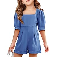 Haloumoning Girls Rompers Short Puff Sleeve Wide Leg Jumpsuits Summer Casual Square Neck Backless Cute Outfits 5-14 Years