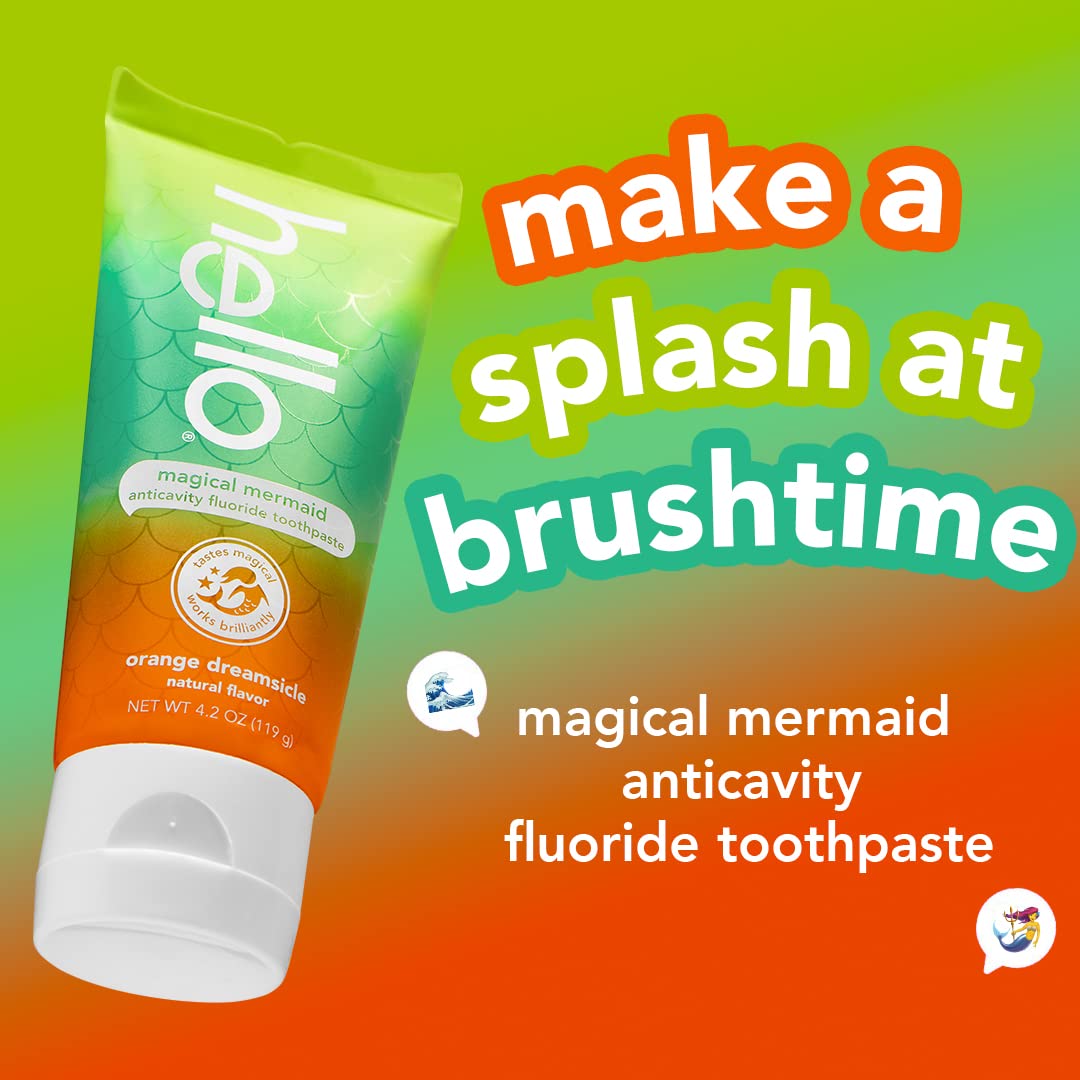 hello Mermaid Orange Dreamsicle Kids Fluoride Toothpaste, Natural Flavor, Ages 2+, No Artificial Sweeteners, No SLS, Gluten Free, Vegan,3 Pack, 4.2 oz Tubes