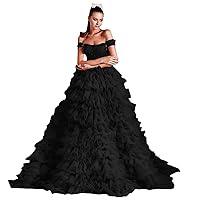 Women's Evening Dress Off Shoulder Elegant Pink Tiered Sweep Train Beaded Prom Dress