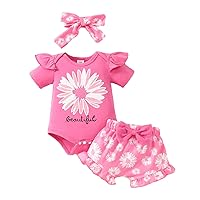 Kuriozud Baby Girl Summer Outfit Floral Short Sleeve Rompers Flower Shorts Set Headband Newborn 3 6 9 12 18 Months Clothes