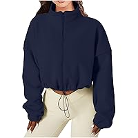 Long Sleeve Coats For Women Zipper Solid Sweatshirt Cardigan Standing Round Neck Exposed Navel Jacket Outerwear