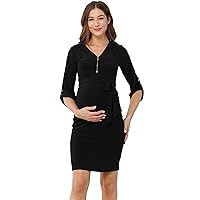 LaClef Womens 3/4 Sleeve Zipper V Neck Maternity Dress with Waist Belt