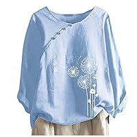 Womens Cotton Linen Dandelion Print T Shirt Fall Long Sleeve Tunic Top Casual Plus Size O Neck Button Blouse Shirt