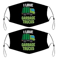 I Love Garbage Trucks Kids Face Mask Set of 2 with 4 Filters Washable Reusable Adjustable Black Cloth Bandanas Scarf Neck Gaiters for Adult Men Women Fashion Designs
