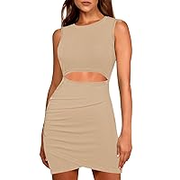 Pink Queen Women's Summer Crew Neck Sleeveless Cutout Ruched Ribbed Bodycon Mini Short Dress