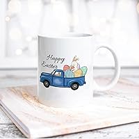 Funny White Ceramic Coffee Mug Happy Easter Day Dark Blue Trucks And Eggs Coffee Cup Drinking Mug With Handle For Home Office Desk Novelty Easter Gift Idea For Kid Children Women Men