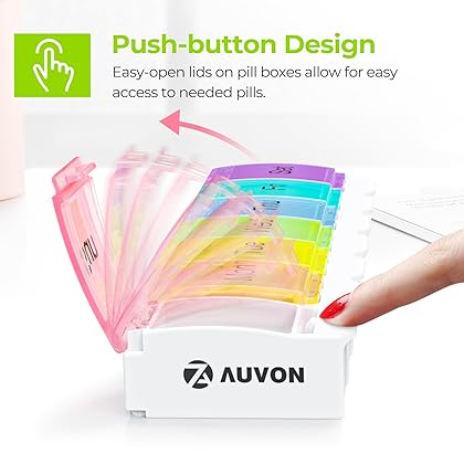 AUVON Weekly Pill Organizer Arthritis Friendly, BPA Free Travel 7 Day Pill Box Case with Spring Open Design and Large Compartment to Hold Vitamins, Cod Liver Oil, Supplements and Medication