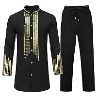 Men's Linen Muslim Clothes Mid-Length Kaftan Robe and Elastic Waist Casual Pants Set Luxury Dubai Ethnic Summer Outfit