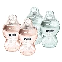 Tommee Tippee Closer to Nature Baby Bottles Slow Flow Breast-Like Nipple with Anti-Colic Valve (9oz, 4 Count) Pink & Green