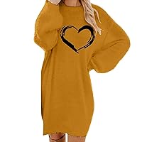 Sale Women's Lantern Sleeve Plush Sweater Dress Loose Heart Pattern Print Dresses Trendy Fuzzy Knit Long Sleeve Dress Suéteres Navideños para