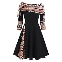 Long Sleeve Midi Dresses for Women Sexy Off Shoulder Elegant West Ethnic Aztec Print A Line Dress for Party Wedding