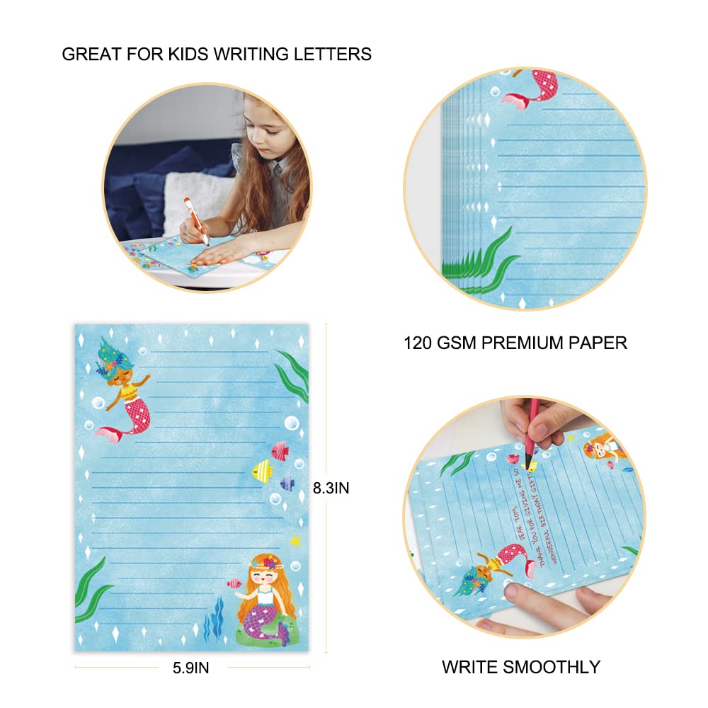 Lined Stationary Paper and Envelopes Set for Kids Mermaid Stationary Set for Girls with Lined Letter Writing Paper – 30 Sheets + 20 Envelopes, 8.3 x 5.9 Inch of Each Stationary Paper