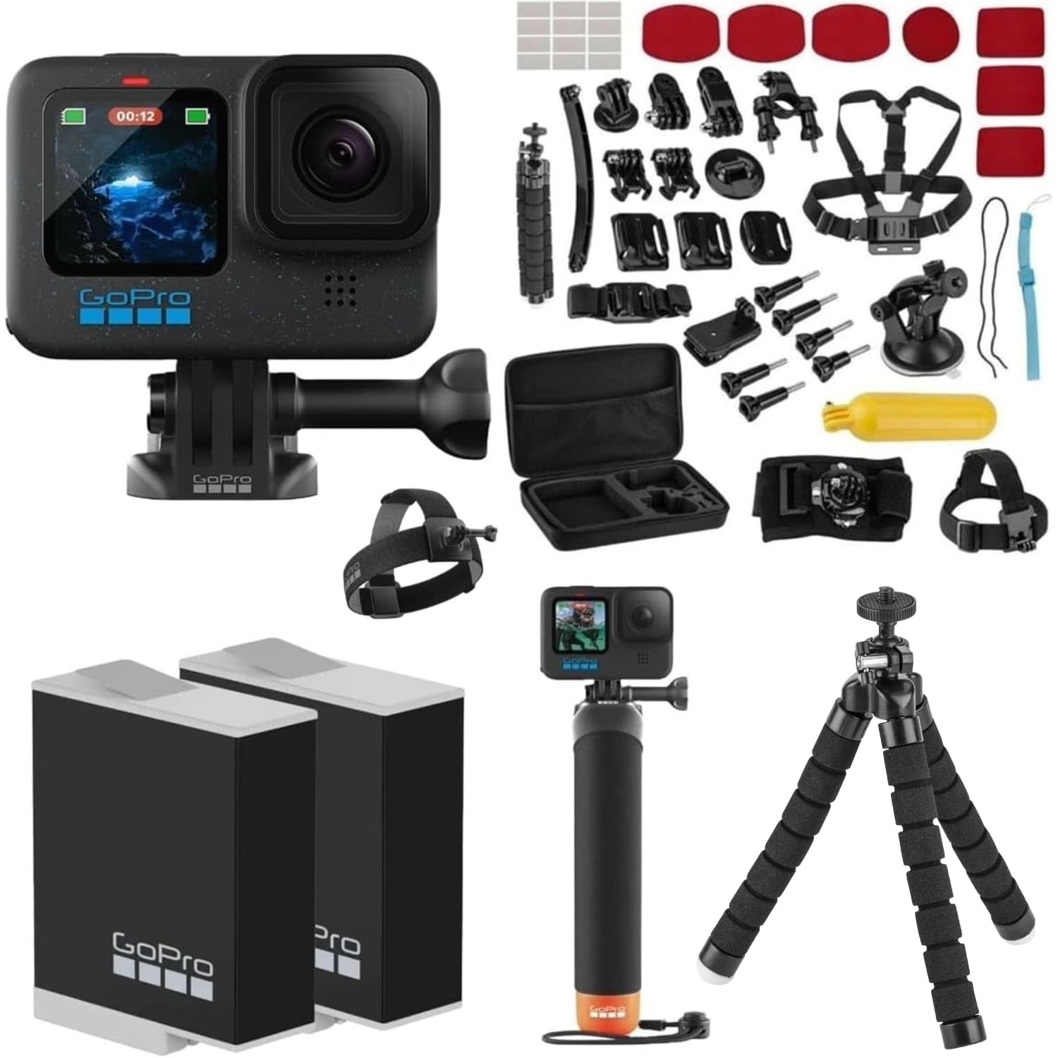 GoPro HERO12 Black Action Camera with Holiday Bundle, 2X Enduro Rechargeable Batteries, Head Strap 2.0, Go Pro Handler (Floating Hand Grip), Mounting Buckle + Thumb Screw, 40pc Extreme Sport Hero 12