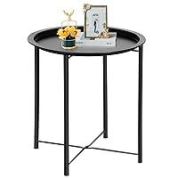 VECELO Side/End Table, Folding Round Metal Anti-Rust and Waterproof Outdoor or Indoor Tray for Living Room Bedroom Balcony and Office, 1 PCS, Black