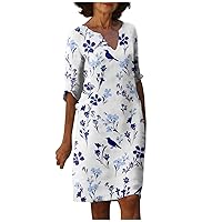 Womens Clothing Linen Dress for Women Summer Casual Print Straight Loose Fit Fashion with Half Sleeve V Neck Knee Dresses White Medium