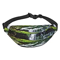 Waterfall Printed Fanny Pack Belt Bag Waist Bag With 3-Zipper Pockets Adjustable Crossbody For Sports Running Travel