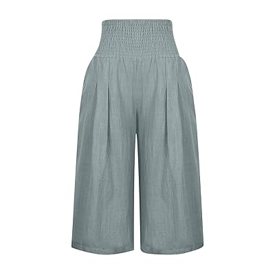 SMIDOW Capri Pants for Women Casual Summer Smocked Elastic High Waisted  Linen Pant Solid Loose Wide Leg Capris Trousers