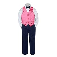 4pc Baby Toddler Kid Boys Coral Vest Navy Blue Pants Bow Tie Suits Set (4T)