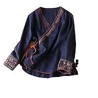 Summer Chinese Women Blouse Embroidery Loose Shirt Collar Hanfu Blouse