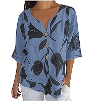 3/4 Sleeve Vintage Linen Shirts Women Floral Print Button Trim V Neck Tee Blouses Summer Casual Loose Fit Tunic Tops