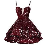 WilFiks Teens Sequin Tiered Prom Dresses Short Homecoming Dresses 2024 Spaghetti Straps V Neck Cocktail Party Gown