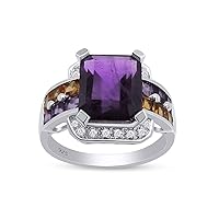 AFFY 3.93CTW Emerald And Square Cut African Amethyst, 0.40CTW Citrine, 0.09CTW White Topaz Cushion Frame Cluster Engagement Ring In 14k White Gold Plated 925 Sterling Silver