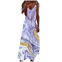 Boho Dresses for Women Summer Casual Bohemian Maxi Dress V-Neck Sleeveless Flowy Print Beach Long Dress with Pockets
