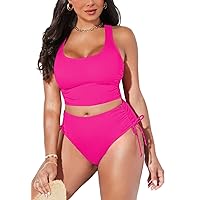 Women's Scoop Neck Racerback Ruched Crop Top High Waisted Bikini Sets 2 Piece Swimsuit Bathing Suit