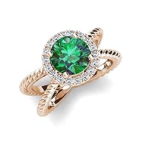 Round Lab Created Alexandrite and Diamond 4 1/2 ctw Womens Twisted Rope Cross Split Shank Halo Engagement Ring 14K Gold