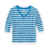AEROPOSTALE Womens V-Neck Stripe 3/4 Sleeve Graphic T-Shirt, Blue, Medium