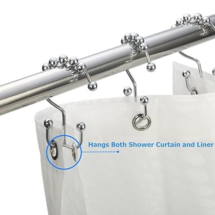 Amazer Shower Curtain Hooks Rings, Rust-Resistant Stainless Steel Double Shower Curtain Hooks, Shower Hooks for Shower Curtain and Liner Bathroom, Set of 12, Chrome