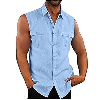 Mens Linen Sleeveless Button Down Shirts Casual Summer Beach Tank Tops Cuban Guayabera Shirt Basic Solid Vest with Pockets