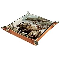 Rhino in Green Grass Brown Leather Valet Catchall Organizer, Folding Rolling Design for Small Jewelry, Keys, Candy, and More