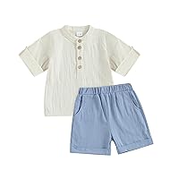 Toddler Baby Boy Summer Clothes Cotton Linen Short Sleeve Henley Shirt Solid Color Shorts Set 2Pcs Summer Outfits