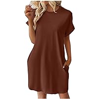 Lenago Summer Dresses for Women 2024, Spring Round Neck Short Sleeve Mini Dress, Beach Casual Loose Sundresses with Pockets