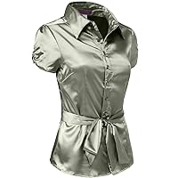 Womens Lightweight Short Cuff Sleeve Button Down Office Satin Silk Shirt with Belt (S-3XL)
