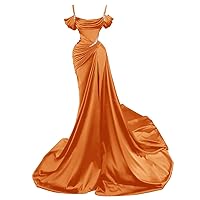 Women's Satin Mermaid Long Prom Dresses Spaghtti Straps Beaded Sparkly Formal Evening Gowns with Slit R060