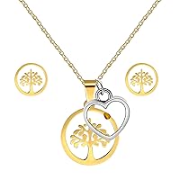 Gold Color Stainless Steel Tree of Life Heart Mustard Seed Pendant Necklace and Studs Earrings Jewelry Set for Girls Women Y638
