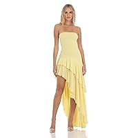 Strapless Ruffle Asymmetrical Maxi Dress in Yellow