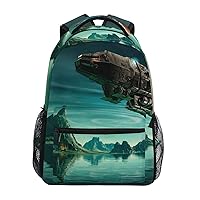 ALAZA Galaxy Planet Space Ship Sci Fi Battle Backpack Purse with Multiple Pockets Name Card Personalized Travel Laptop School Book Bag, Size M/16.9 inch