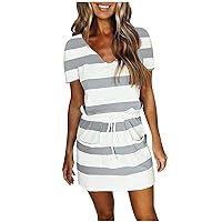 Online Returned Items for Sale Women Striped Beach Dress with Pocket, Casual Drawstring Mini Sundress Short Sleeve V Neck Short Sun Dress Stripe Dresses Plus Size Dress