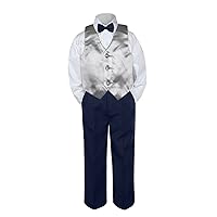 4pc Baby Toddler Kid Boys Silver Vest Navy Blue Pants Bow Tie Suits Set (4T)