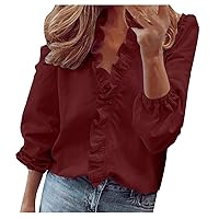 Womens Dress Shirts Ruffle V Neck Blouses for Women Dressy Casual 3/4 Sleeve Tops Classy Plain Shirts Office Work Tshirt for Ladies Shirts for Women Trendy