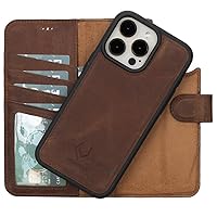 VENOULT Wallet Case for iPhone 15 Pro MAX, Man or Women Detachable Folio, 4 Card Holder, Genuine Leather, Support Wireless Charge, RFID Protedted, Kick Stand - Vintage Brown