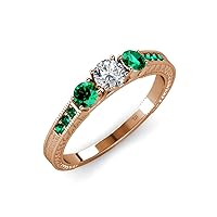 Diamond and Emerald Milgrain Work 3 Stone Ring with Side Emerald 0.83 ct tw in 14K Rose Gold