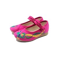 Children Girl's Phoenix Embroidery Mary-Jane Shoes Kid's Cute Flat Cheongsam Shoe Rose Red