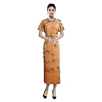 Women Qipao Silk Fragrant Cloud Yarn Ink Print Crew Neck Short Sleeve Brown Evening Long Dress 3632