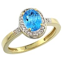 10K Yellow Gold Diamond Natural Swiss Blue Topaz Ring Oval 7x5mm, sizes 5-10