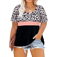 RITERA Plus Size Tops for Women 3X Shorts Sleeve Shirt Crewneck Leopard Print Tshirt Color Block Pink Tee Summer Loose Blouses Leopard Black 3XL